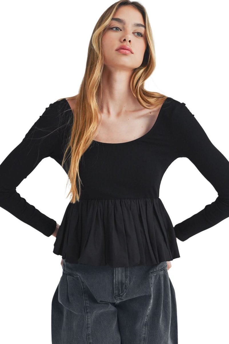 Black Ribbed Knit Long Sleeve Scoop Neck Peplum Patchwork Top - Love Salve